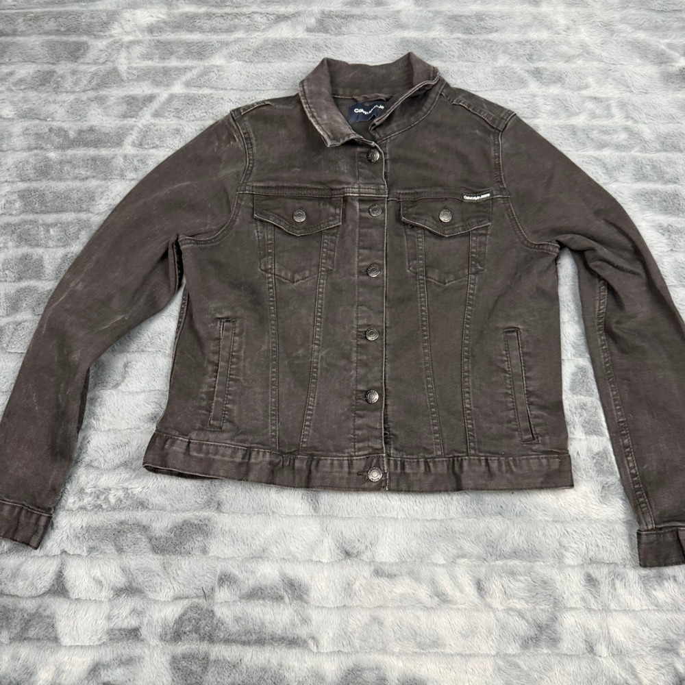 Calvin Klein Jeans Womens Faded Black Denim Trucker Jacket Stretch Large 15297